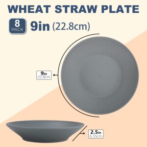 Wheat Straw Pasta Bowl - Unbreakable Pasta Bowl Set of 8-9 Inch Large Deep Alternative for Plastic Reusable Plate - Dishwasher & Microwave Safe Bowl/Plates (Black and Grey)
