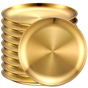 honeydak 10 pcs 18/8 stainless steel plate 304 stainless steel dishes 8 inches adult plates reusable camping plates dishwasher safe feeding serving flat plate double layers round dessert plate (gold)