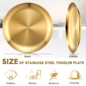 Honeydak 10 Pcs 18/8 Stainless Steel Plate 304 Stainless Steel Dishes 8 Inches Adult Plates Reusable Camping Plates Dishwasher Safe Feeding Serving Flat Plate Double Layers Round Dessert Plate (Gold)