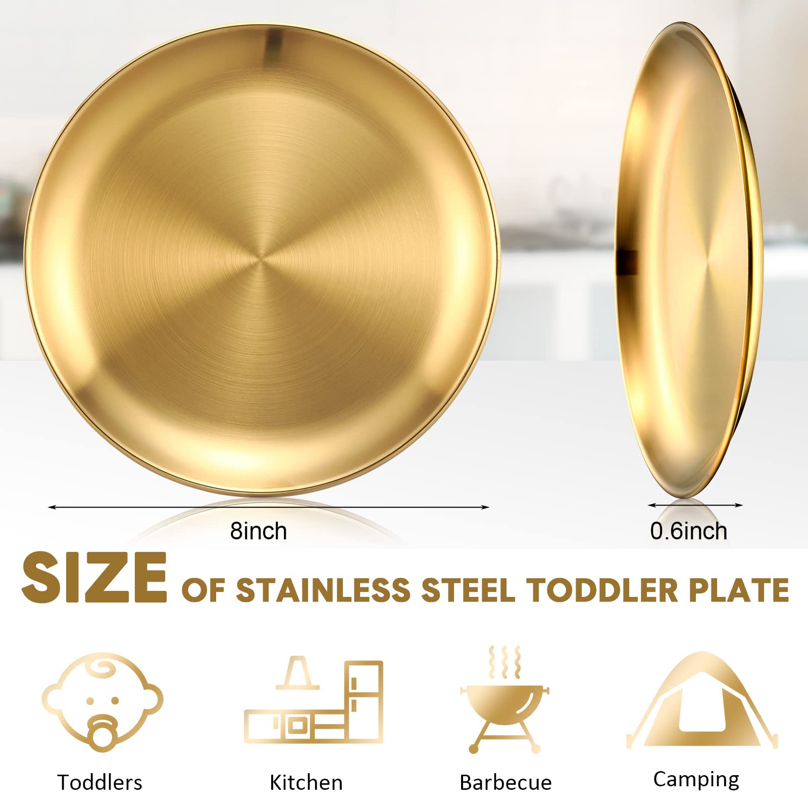 Honeydak 10 Pcs 18/8 Stainless Steel Plate 304 Stainless Steel Dishes 8 Inches Adult Plates Reusable Camping Plates Dishwasher Safe Feeding Serving Flat Plate Double Layers Round Dessert Plate (Gold)