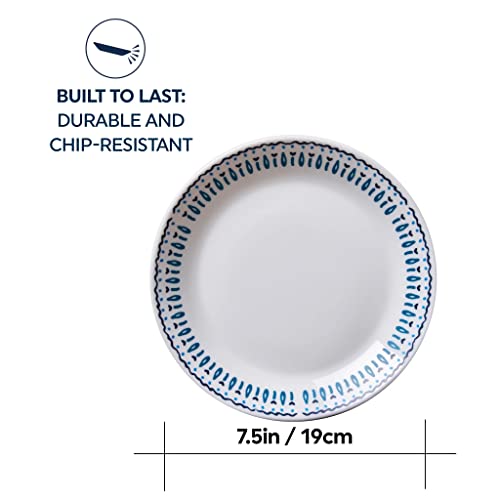 Corelle Everyday Expressions 4-Pc Salad Plates Set, Service for 4, Durable and Eco-Friendly 7-1/2-Inch Plates, Higher Rim Glass Lunch Plate Set, Microwave and Dishwasher Safe, Azure Medallion