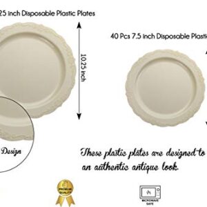 80 Pcs Cream Plastic Party Plates Set - 40 Large 10.25 in Dinner Plates - 40 Small 7.5 in. Salad/Dessert Plates - Heavy Duty Disposable China - Fancy Caterers Victorian Design - Bpa Free (Cream)