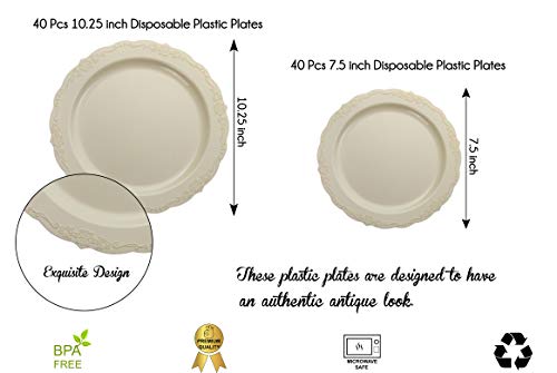 80 Pcs Cream Plastic Party Plates Set - 40 Large 10.25 in Dinner Plates - 40 Small 7.5 in. Salad/Dessert Plates - Heavy Duty Disposable China - Fancy Caterers Victorian Design - Bpa Free (Cream)