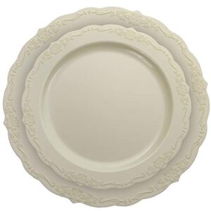 80 Pcs Cream Plastic Party Plates Set - 40 Large 10.25 in Dinner Plates - 40 Small 7.5 in. Salad/Dessert Plates - Heavy Duty Disposable China - Fancy Caterers Victorian Design - Bpa Free (Cream)