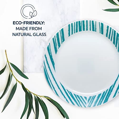 Corelle Everyday Expressions 4-Pc Dining Plates Set, Service for 4, Durable and Eco-Friendly 10-1/2-Inch Plates, Higher Rim Glass Dinner Plate Set, Microwave and Dishwasher Safe, Geometrica