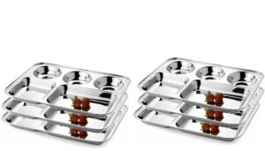 whopperindia stainless steel five compartment round plate, thali, mess tray, dinner plate set of 6 pcs- 13 inch, silver