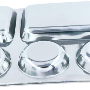 WhopperIndia Stainless Steel Five Compartment Round Plate, Thali, Mess Tray, Dinner Plate Set of 6 pcs- 13 inch, Silver