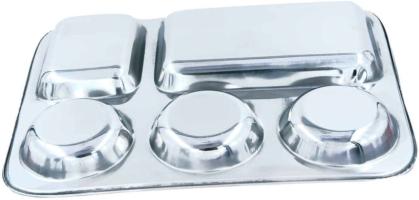 WhopperIndia Stainless Steel Five Compartment Round Plate, Thali, Mess Tray, Dinner Plate Set of 6 pcs- 13 inch, Silver