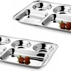 WhopperIndia Stainless Steel Five Compartment Round Plate, Thali, Mess Tray, Dinner Plate Set of 6 pcs- 13 inch, Silver