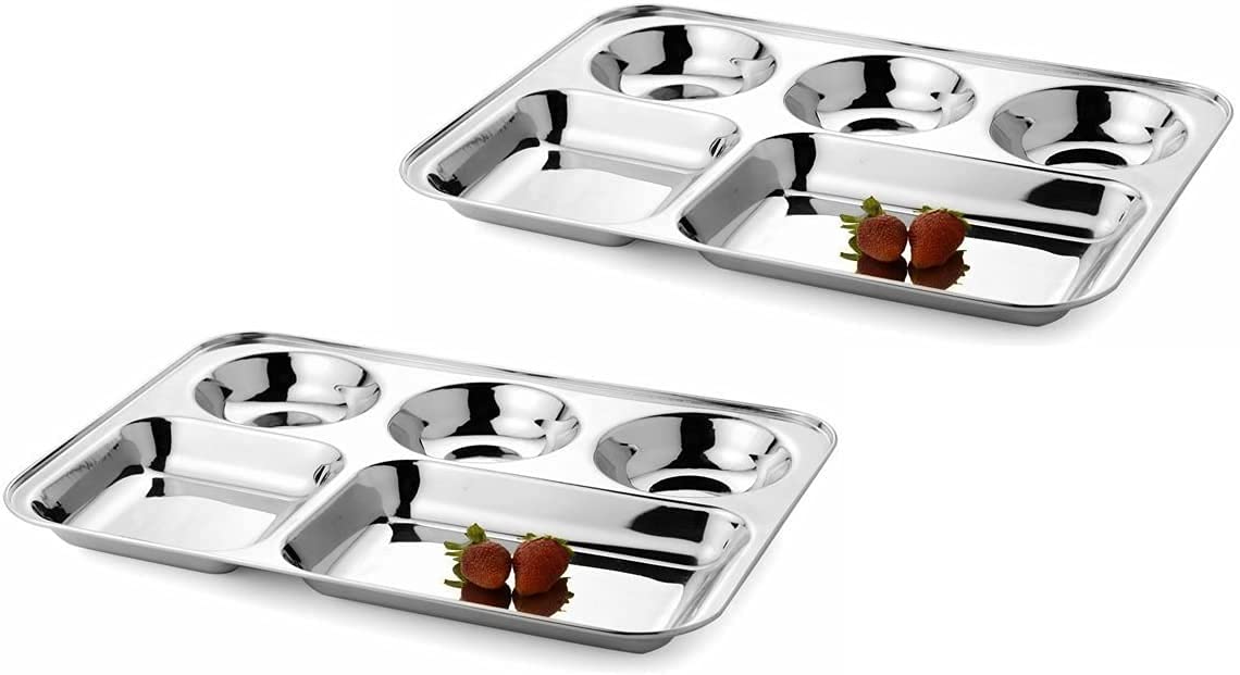 WhopperIndia Stainless Steel Five Compartment Round Plate, Thali, Mess Tray, Dinner Plate Set of 6 pcs- 13 inch, Silver