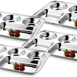 WhopperIndia Stainless Steel Five Compartment Round Plate, Thali, Mess Tray, Dinner Plate Set of 6 pcs- 13 inch, Silver