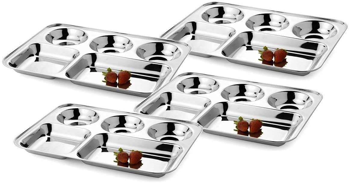 WhopperIndia Stainless Steel Five Compartment Round Plate, Thali, Mess Tray, Dinner Plate Set of 6 pcs- 13 inch, Silver