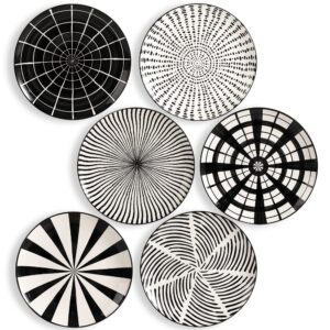 ahx dinner plates ceramic plate set - 10 inch large porcelain round plate sets of 6 - flat modern black pattern dining plates for kitchen | family - dishwasher | microwave | oven safe