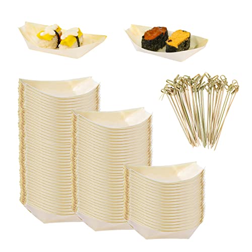 WATHFKCU 5.7 Inch Disposable Bamboo Wooden Sushi Boat  Plate Bamboo Appetizer Plates Dishes Sushi Serving Tray Wooden Leaf Boat with 100Pcs Bamboo Picks (5.7inch)