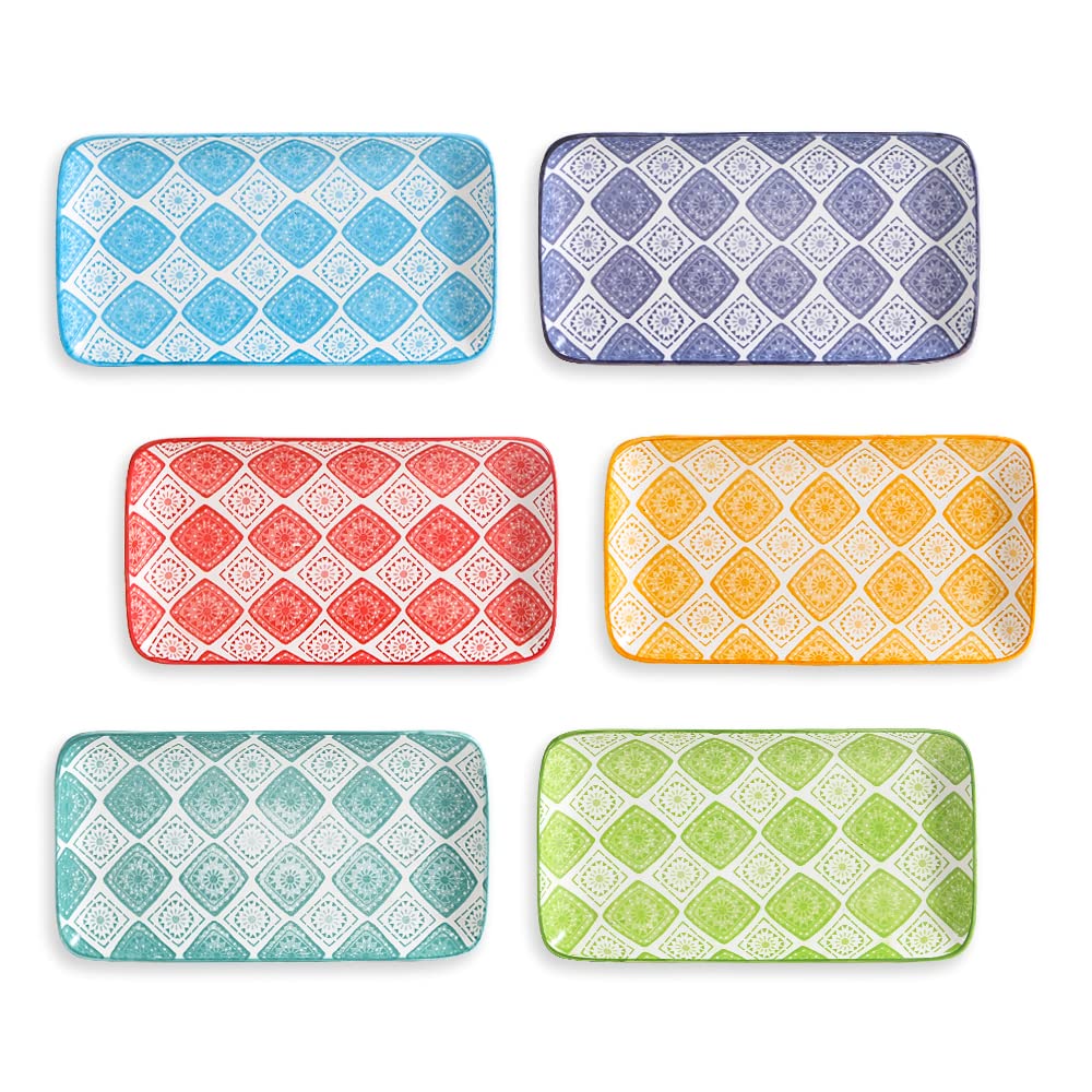 AHX Appetizer plates Set Dessert Plate - Rectangular Small Serving Plates for Sushi | Tapas | Snack - Colorful Ceramic Serving Dishes Set of 6 - Microwave and Dishwasher Safe - 8 inch