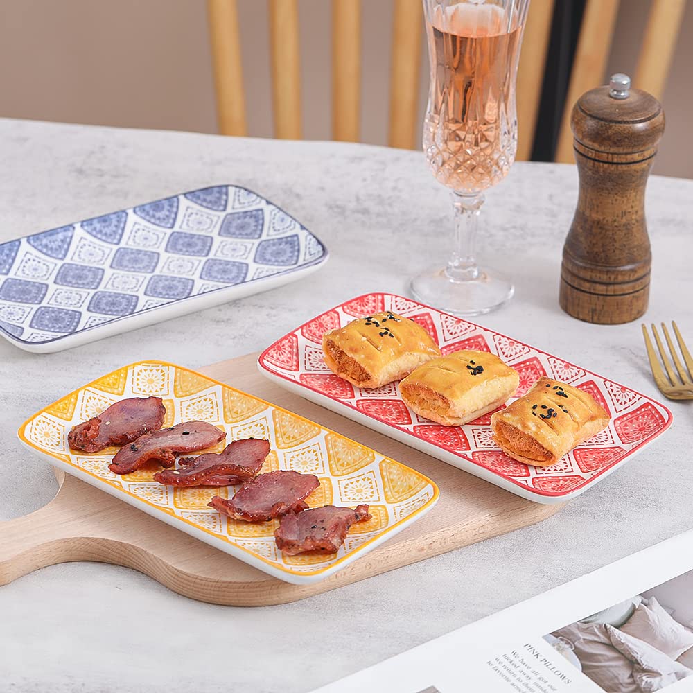 AHX Appetizer plates Set Dessert Plate - Rectangular Small Serving Plates for Sushi | Tapas | Snack - Colorful Ceramic Serving Dishes Set of 6 - Microwave and Dishwasher Safe - 8 inch