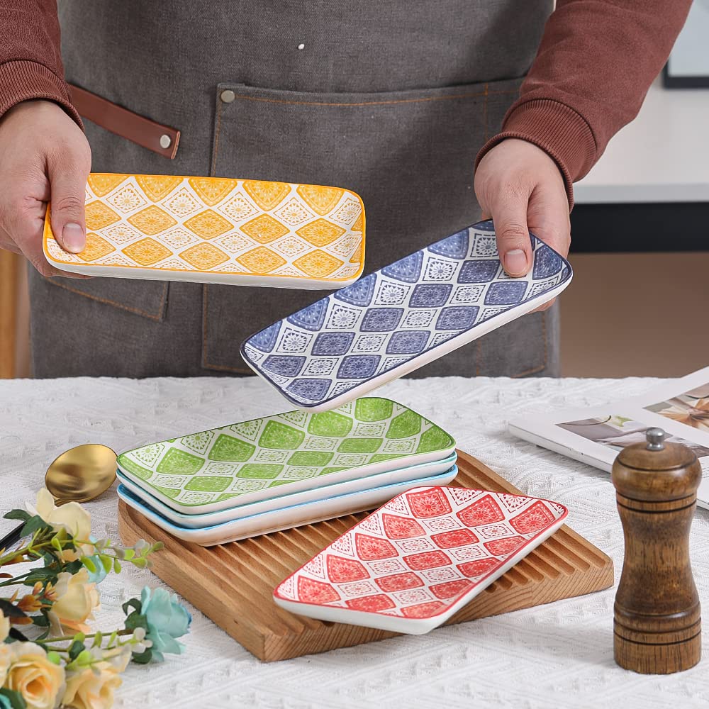 AHX Appetizer plates Set Dessert Plate - Rectangular Small Serving Plates for Sushi | Tapas | Snack - Colorful Ceramic Serving Dishes Set of 6 - Microwave and Dishwasher Safe - 8 inch