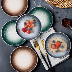 Aquiver 6'' Ceramic Dessert Plates - Porcelain Water Wave Relief Texture Appetizer Plates - Tea Party Small Serving Plates for Cake, Pie, Snacks, Ice cream, Side dish, Waffles, Set of 6 (3 Colors)