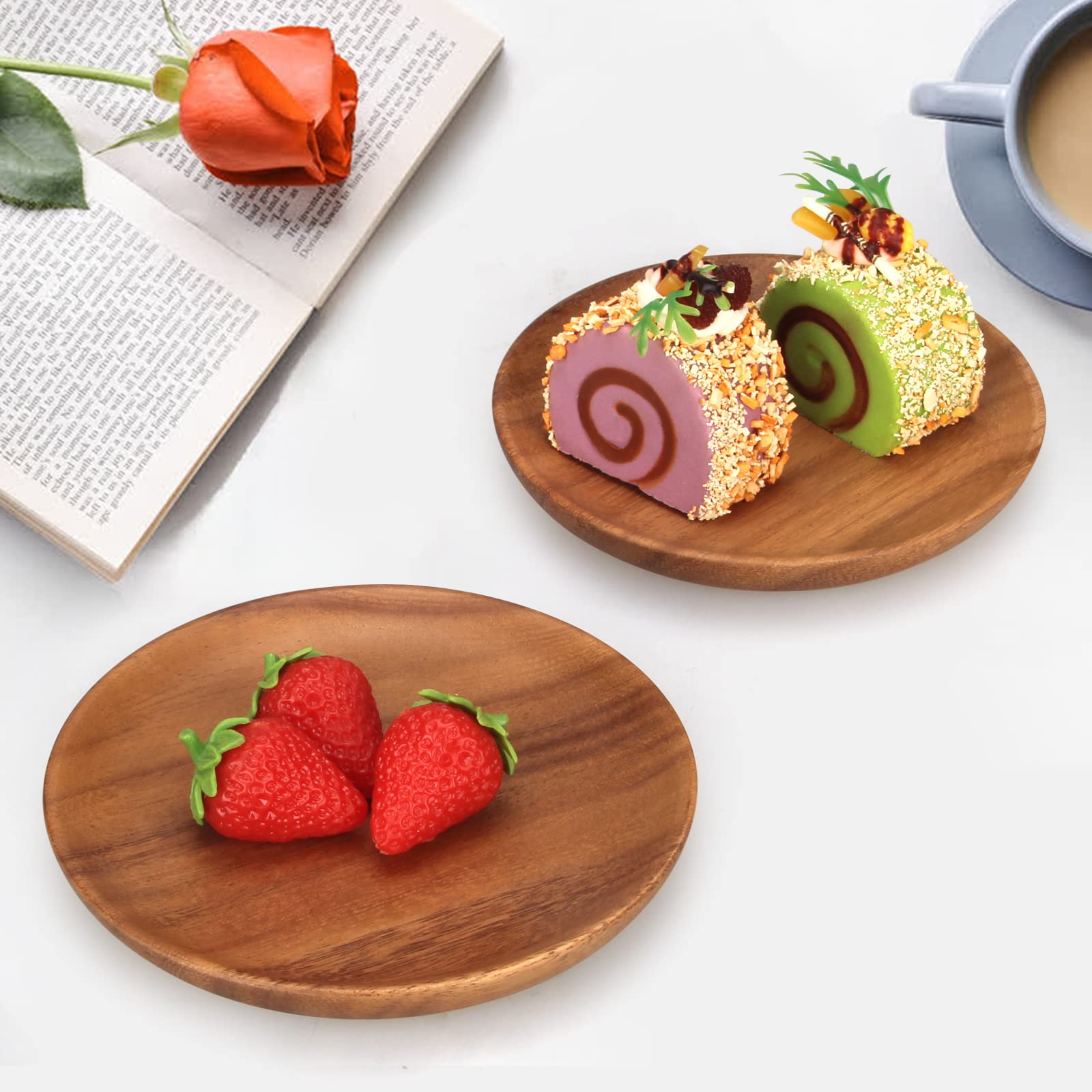 2 Pcs Small Wooden Plates for Eating Acacia Wood Appetizer Plates Snack Plate Mini Serving Dishes Plate Round Charcuterie Boards Cheese Serving Platter Cake Cookie Food Plate