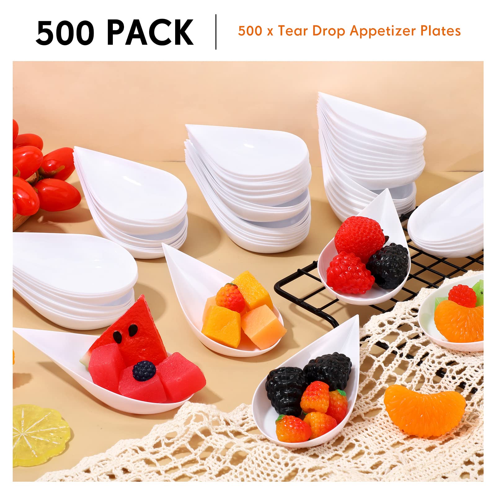 500 Pcs 4 Inch Appetizer Spoons Tear Drop Mini Appetizer Plates Plastic Catering Supplies Disposable Appetizer Tasting Spoons Asian Spoon for Desserts and Appetizers Sample Serving Party (White)