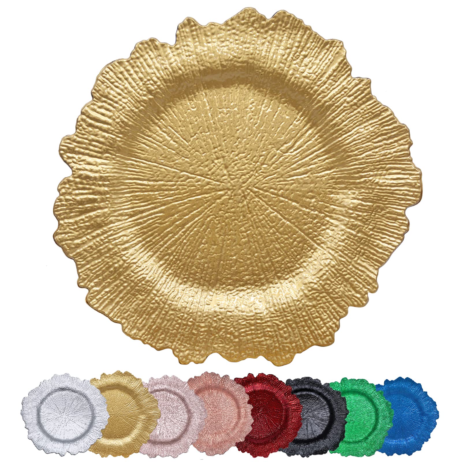 DaCakeWS Gold Reef Charger Plates 10PCS, 13inch Plastic Floral Charger Plates Wedding for Dinner,Wedding,Party,Event,Decoration(Reef Gold10)