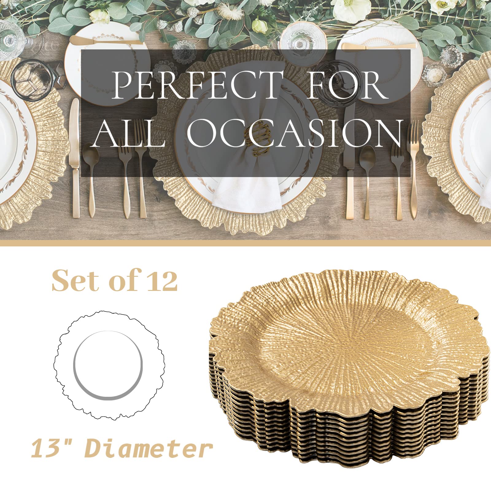 MAONAME Gold Charger Plates Set of 12, Reef Plate Chargers for Dinner Plates, Plastic Decorative Plates for Table Setting, Thanksgiving, Christmas