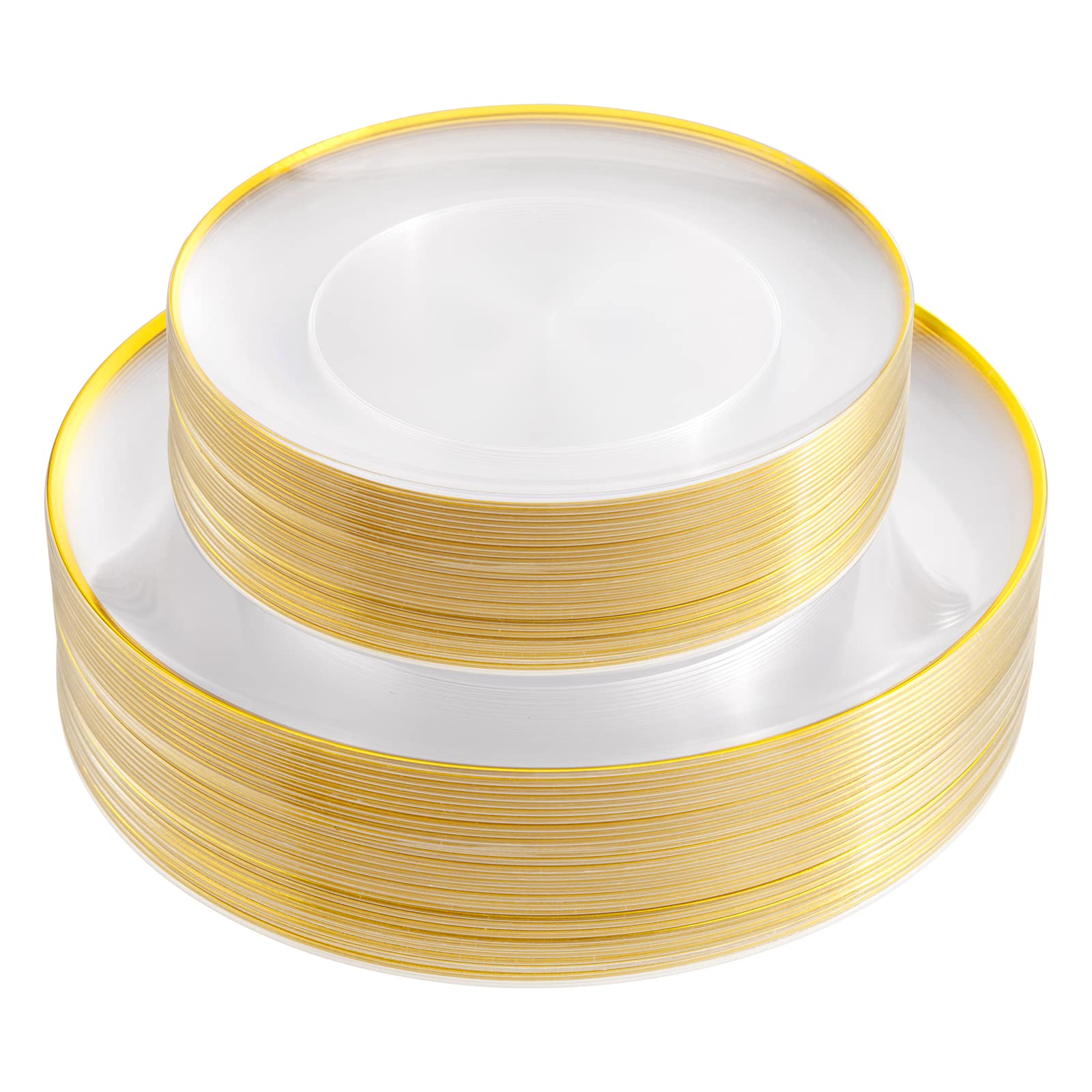 LIYH 60pcs Clear and Gold Plastic Plates Disposable Plates Heavty Duty Includes:30 Dinner Plates 10.25" and 30 Dessert Plates 7.5" Clear Plates with Gold Trim,Wedding Party Plates