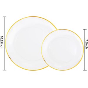 LIYH 60pcs Clear and Gold Plastic Plates Disposable Plates Heavty Duty Includes:30 Dinner Plates 10.25" and 30 Dessert Plates 7.5" Clear Plates with Gold Trim,Wedding Party Plates