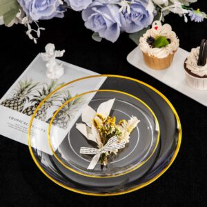 LIYH 60pcs Clear and Gold Plastic Plates Disposable Plates Heavty Duty Includes:30 Dinner Plates 10.25" and 30 Dessert Plates 7.5" Clear Plates with Gold Trim,Wedding Party Plates