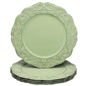 leemxiiny antique green charger plates with embossed edge, plastic flora decorative chargers for dinner plates set of 6 bulk wedding for table setting, party, holiday