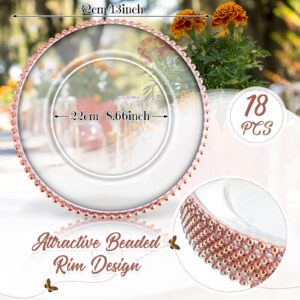 18 PCS Clear Charger Plates with Beaded Rim 13 Inch Plastic Round Charger Plates Bulk Acrylic Round Dinner Plate Chargers Decorative Plates for Home Kitchen Party Wedding Tabletop Decor(Rose Gold)