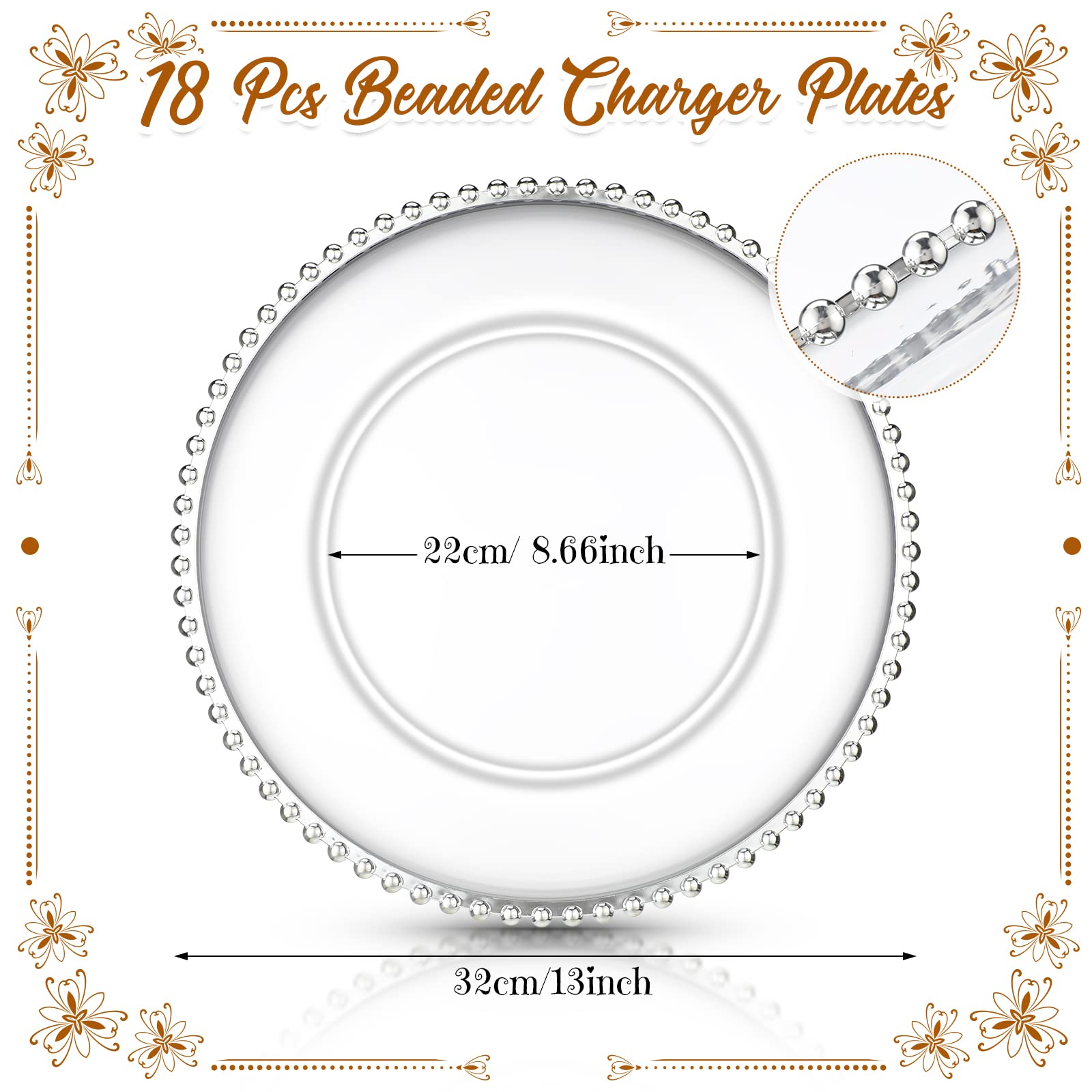 18 Pcs Plastic Beaded Charger Plates 13 Inch Round Dinner Chargers Silver Bead Charger for Dinner Plates Clear Service Plates for Wedding Birthday Party Events Bridal Shower Dinner Tabletop Decoration