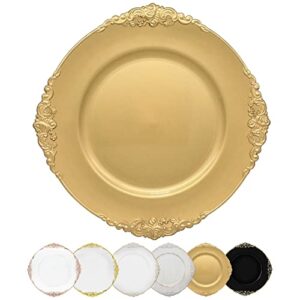 dacakews gold antique charger plates set of 12, 13" round plastic chargers for dinner plates,wedding reception antique chargers plates for tabletop decor catering event(gold antique12pcs)