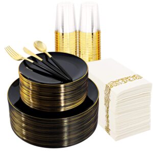 supernal 350pcs dinnerware set with gold rim, black and gold plates, gold silverware, wedding party plates, cups with gold rim