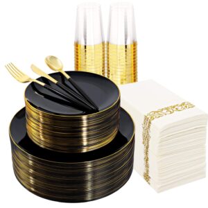 Supernal 350pcs Dinnerware Set With Gold Rim, Black and Gold Plates, Gold Silverware, Wedding Party Plates, Cups with Gold Rim