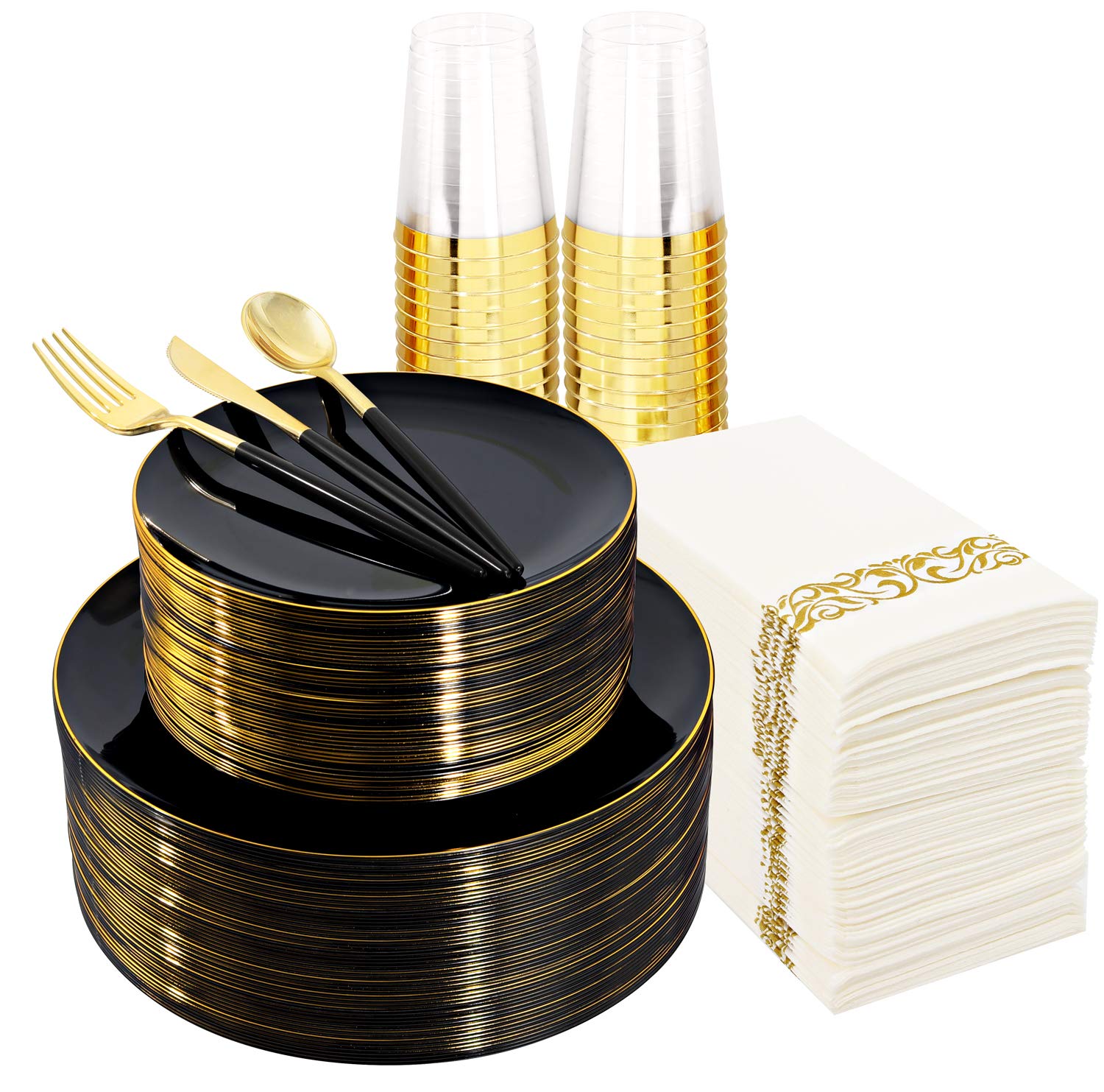 Supernal 350pcs Dinnerware Set With Gold Rim, Black and Gold Plates, Gold Silverware, Wedding Party Plates, Cups with Gold Rim