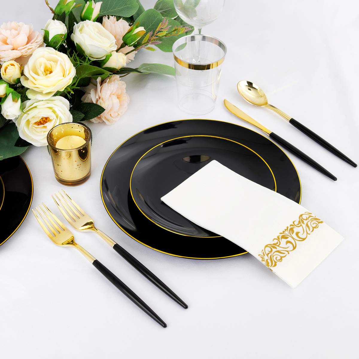 Supernal 350pcs Dinnerware Set With Gold Rim, Black and Gold Plates, Gold Silverware, Wedding Party Plates, Cups with Gold Rim