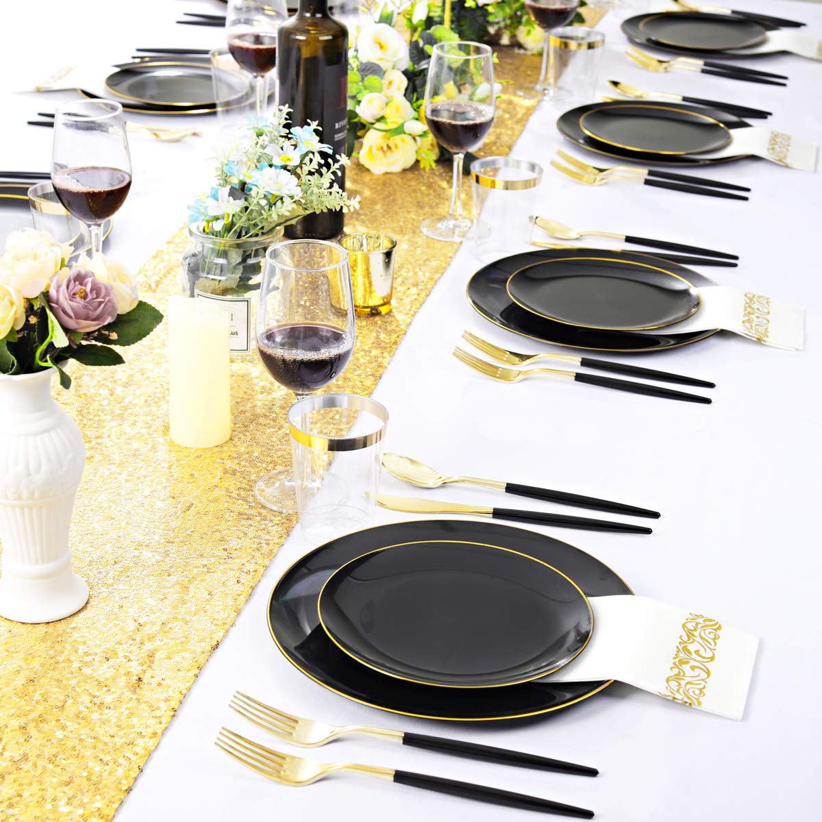 Supernal 350pcs Dinnerware Set With Gold Rim, Black and Gold Plates, Gold Silverware, Wedding Party Plates, Cups with Gold Rim