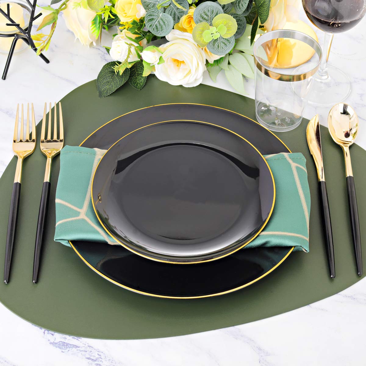 Supernal 350pcs Dinnerware Set With Gold Rim, Black and Gold Plates, Gold Silverware, Wedding Party Plates, Cups with Gold Rim