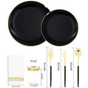 Supernal 350pcs Dinnerware Set With Gold Rim, Black and Gold Plates, Gold Silverware, Wedding Party Plates, Cups with Gold Rim