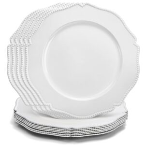 foraineam 12 pack white charger plates with beaded rim, 13 inch round plastic dinner chargers, scalloped serving plates for table settings wedding party catering event decoration