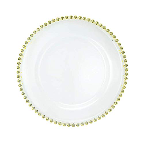 USA Party Flower Elegant Clear Acrylic(Plastic) Charger Plate with Bead Rim, Set of 12 (12.5 inch) (Gold)