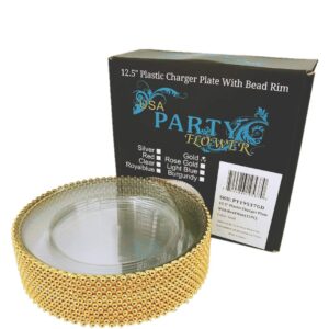 USA Party Flower Elegant Clear Acrylic(Plastic) Charger Plate with Bead Rim, Set of 12 (12.5 inch) (Gold)