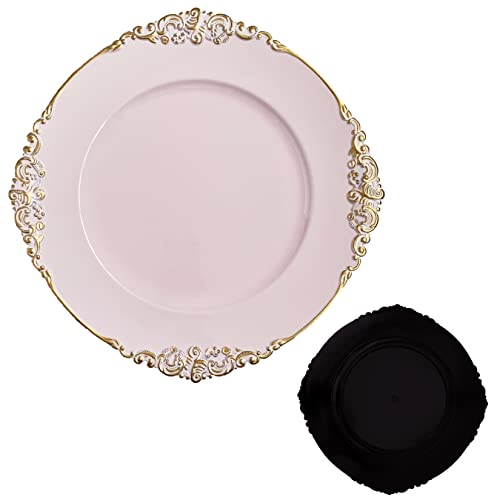 Henilosson Pink Charger Plates Gold Trim - Antique Plate Chargers for Dinner Plates - Set of 6 Dinner Chargers（6，pink）