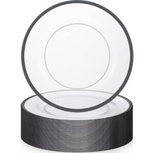24 pack clear charger plates bulk 13 inch plastic round dinner plate with black edge acrylic dinner charger decorative plates for party banquet wedding family events dinner table decoration