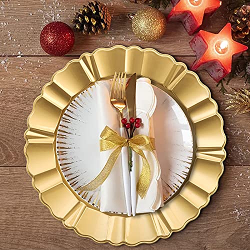 Cedilis 12 Pack Gold Plastic Charger Plates, 13 Inch Round Charger for Dinner Plate, Fluted Edge Charger Plates for Wedding Party Decoration