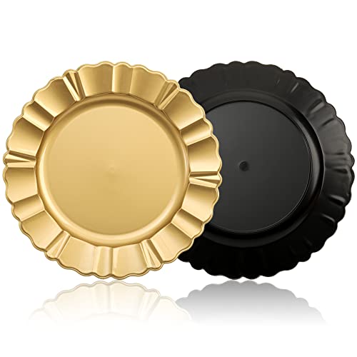 Cedilis 12 Pack Gold Plastic Charger Plates, 13 Inch Round Charger for Dinner Plate, Fluted Edge Charger Plates for Wedding Party Decoration