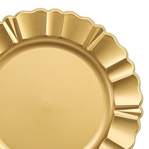 Cedilis 12 Pack Gold Plastic Charger Plates, 13 Inch Round Charger for Dinner Plate, Fluted Edge Charger Plates for Wedding Party Decoration