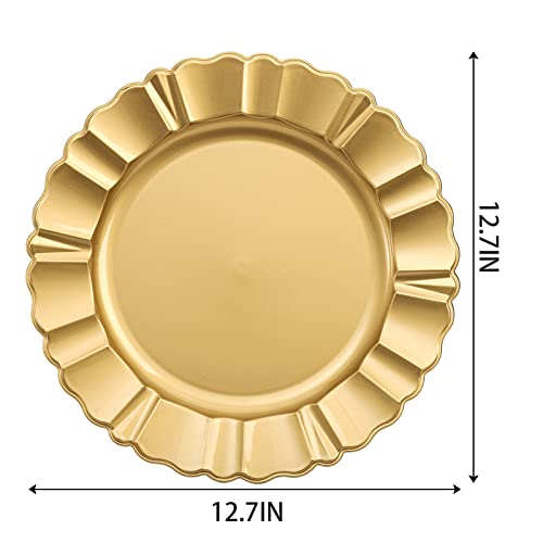 Cedilis 12 Pack Gold Plastic Charger Plates, 13 Inch Round Charger for Dinner Plate, Fluted Edge Charger Plates for Wedding Party Decoration