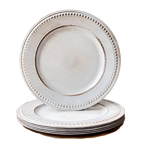 Umisriro White Charger Plates,13 Inch Vintage Dinner Plate Chargers Round Server Ware.Set of 6 Plastic Beaded Chargers for Dinner Plates, Party, Wedding(White)